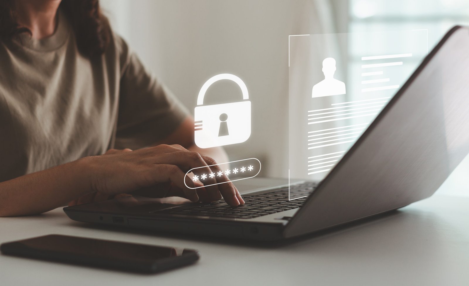 Cyber security protects login password and secure internet access. Businesswoman using laptop internet network for data protection, Significance of secure login, data protection in the digital world.